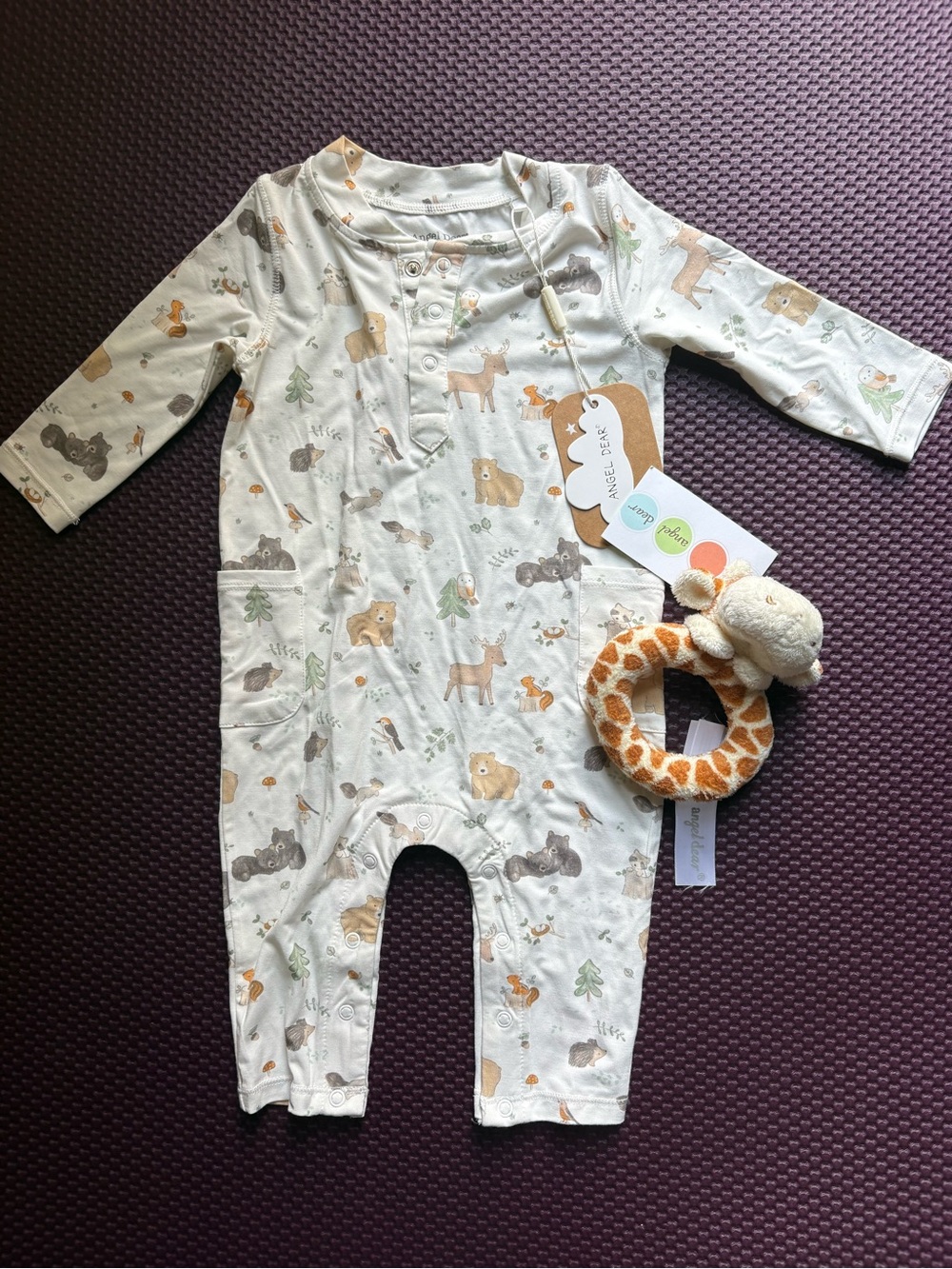 NWT Angel Dear Woodland Babies bamboo Romper 3-6M + Giraffe Rattle Ring Bundle